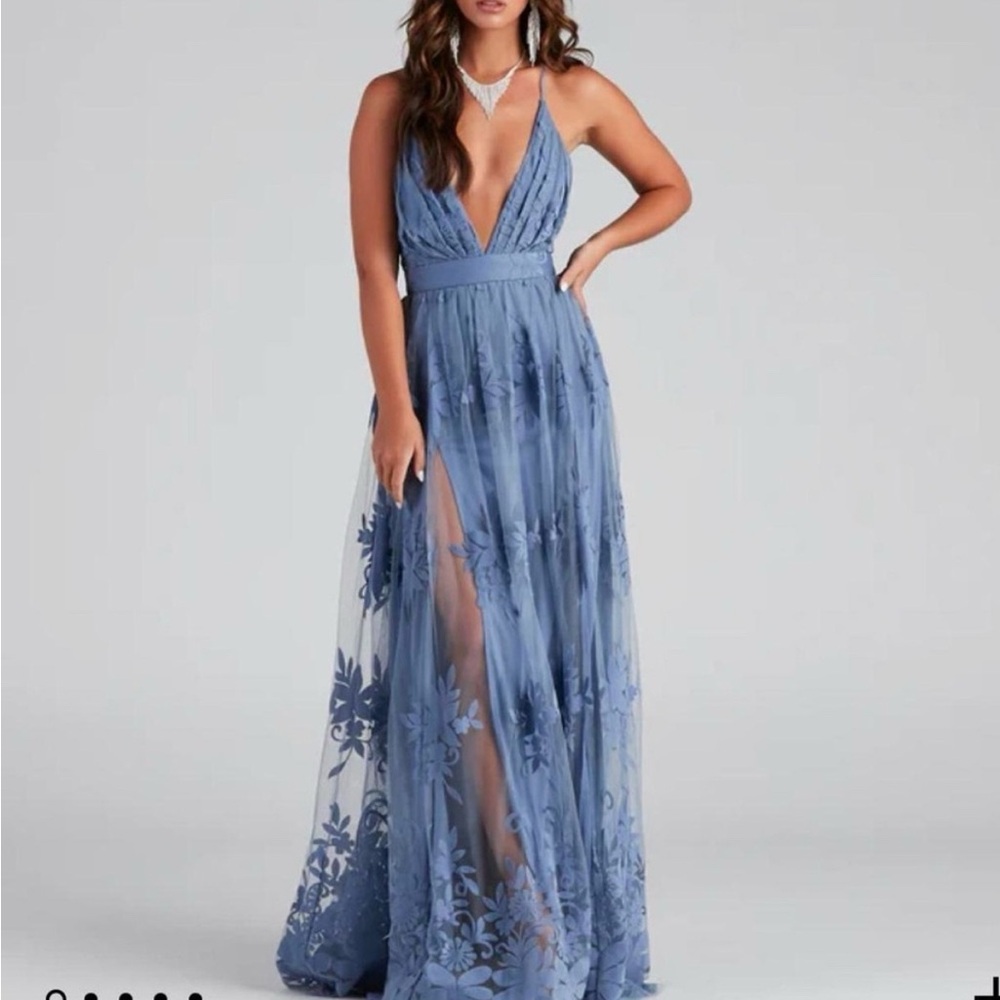 Windsor Blue Halter Gown with Lace Overlay